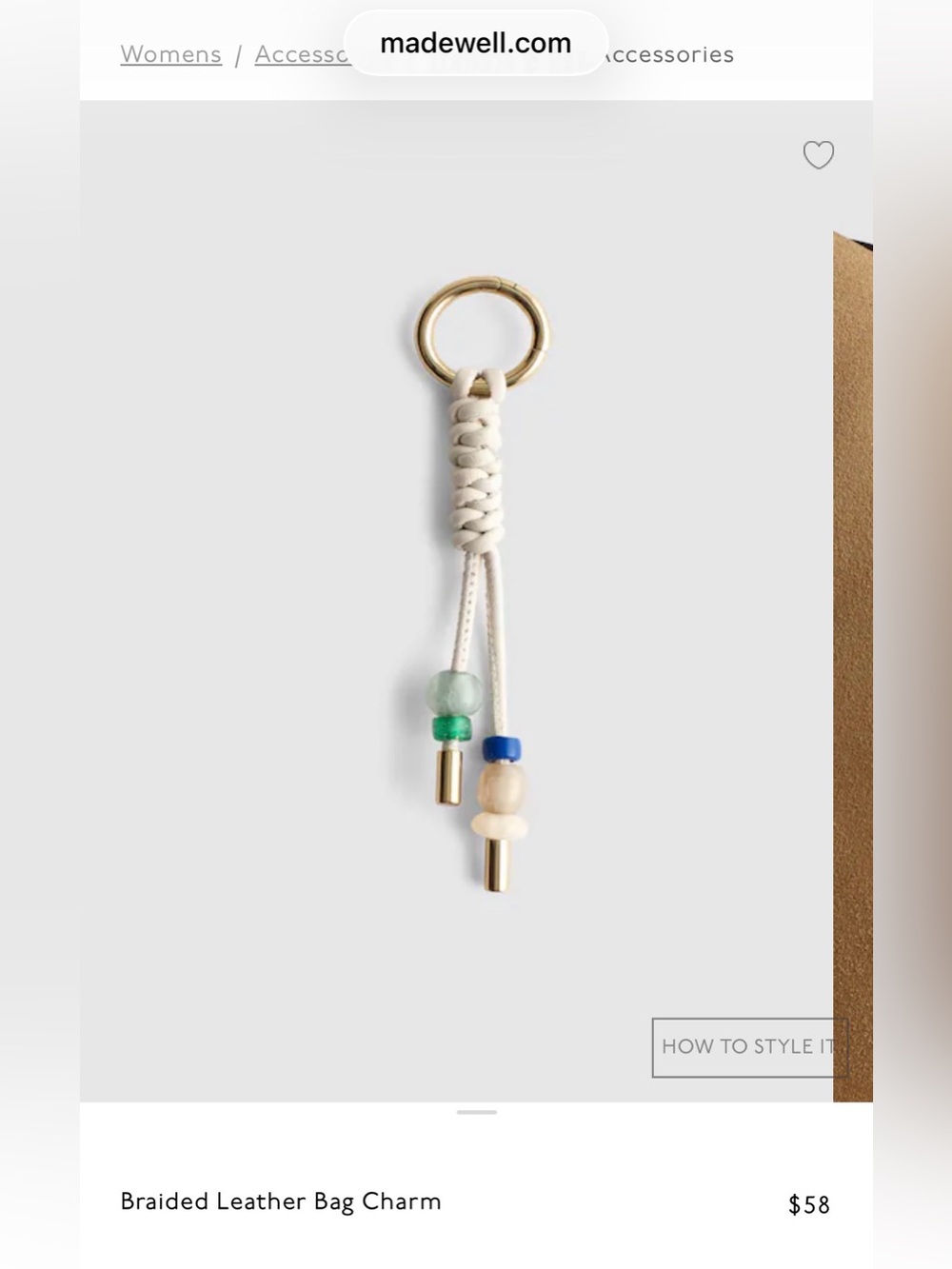Madewell Ivory Braided Leather Bag Charm with Blue and Green Beads